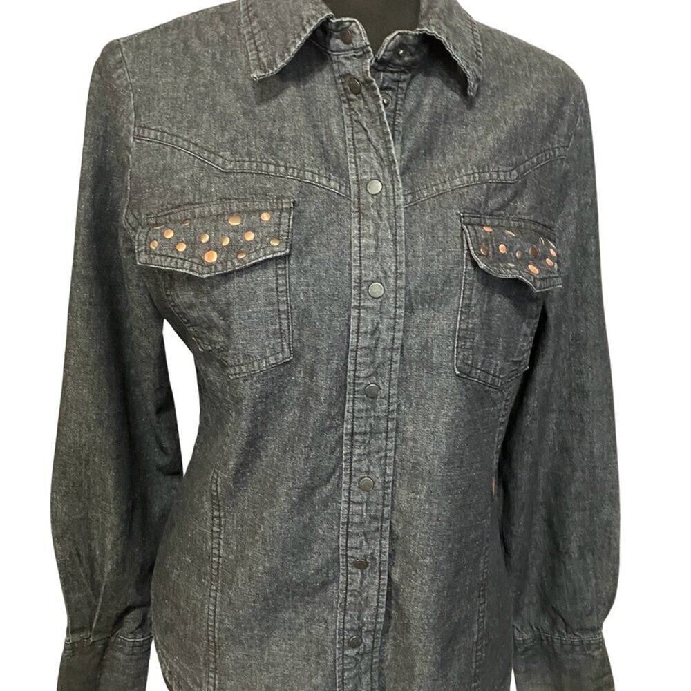 William Rast long Sleeve Denim Look Shirt metal Studs | Black Denim Look size L